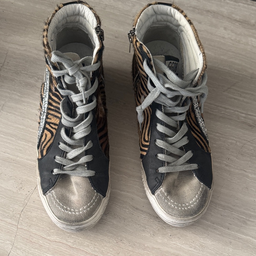 Golden Goose Zebra Print Sneakers - Black, Silver, and Brown